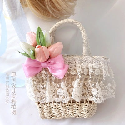 Original Handmade Pink Tulip Lolita Small Sun Hat Straw Hat Oil Painting Style Travel Photography Woven Bag Basket
