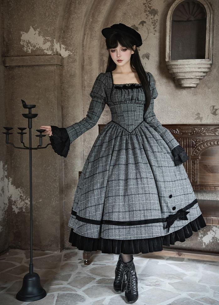 With PUJI - Yesterday's Epistle - Winter Classic Lolita Plaid Dress Set, Fishbone Waist