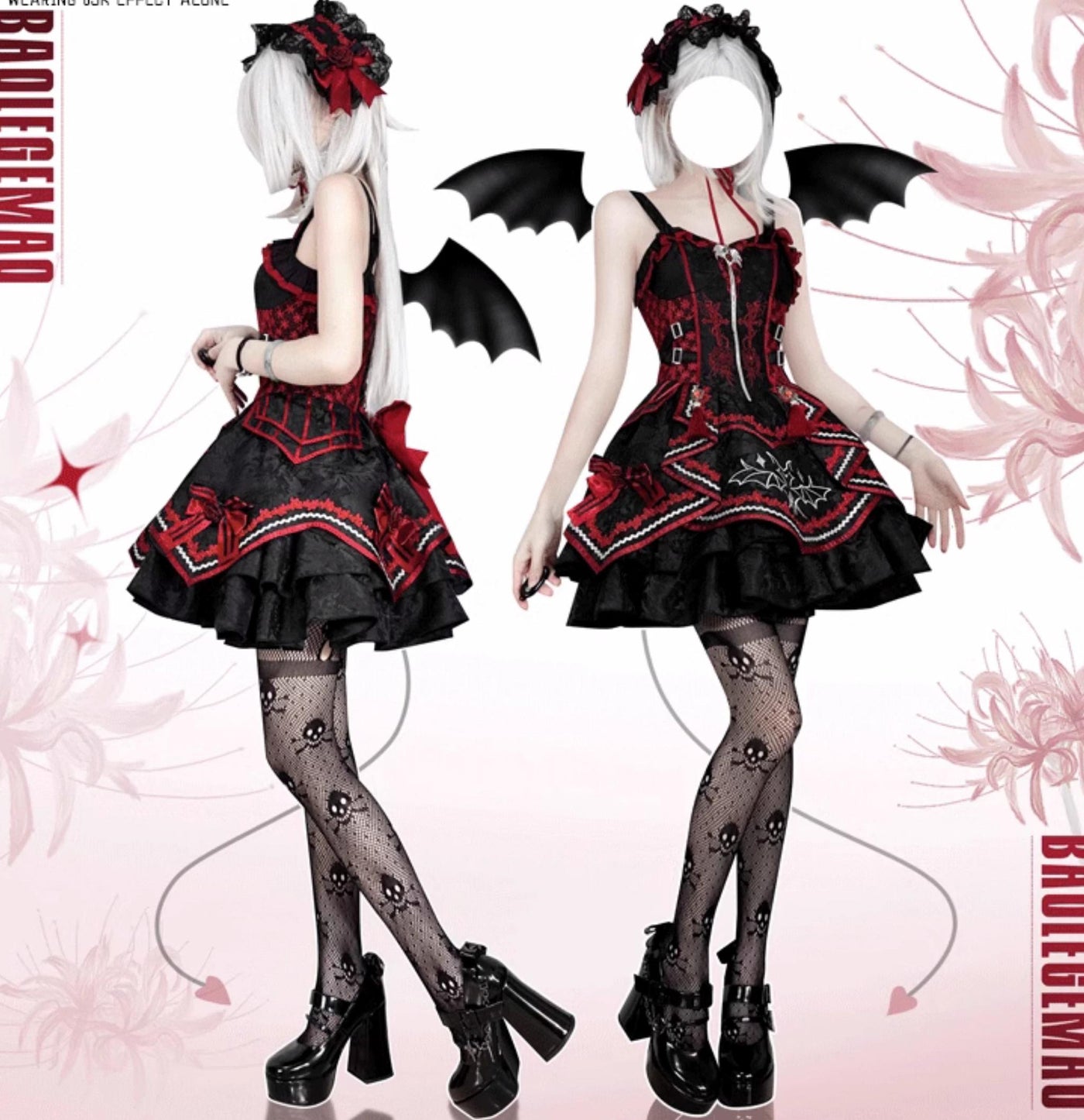 OCELOT - Dark Bat Motion - Black-and-Red Gothic Lolita JSK Dress with rose and cross embroidery - product detail 9
