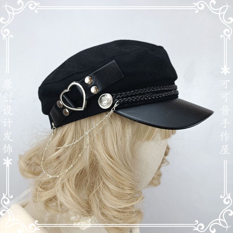 Original Woolen Military Lolita Beret Octagonal Hat Metal Hard Girl Joker Girl Punk Gothic Hat for Women