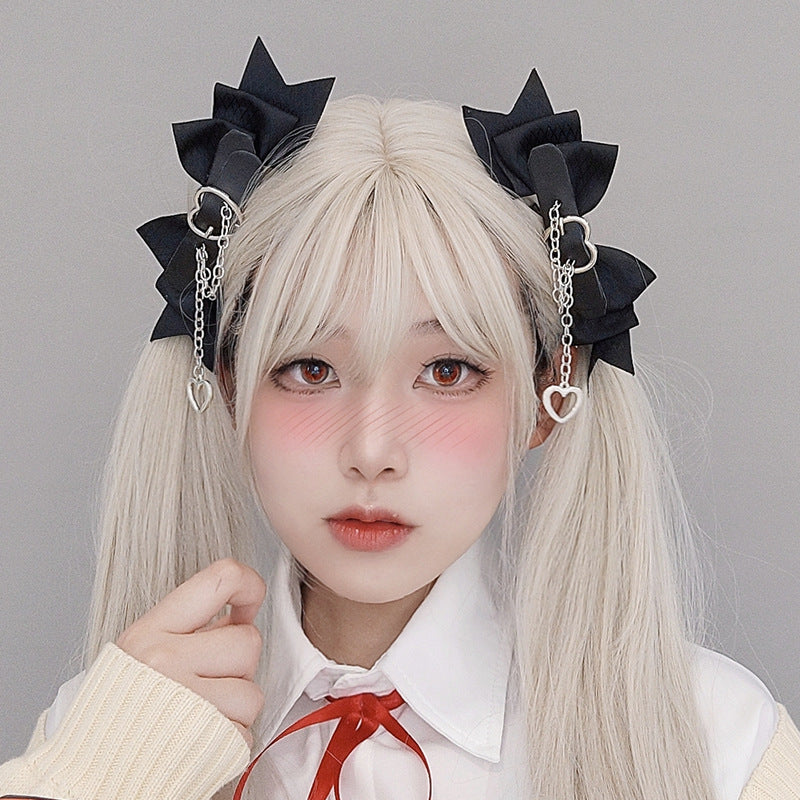 Lolita Hair Accessories Hard Girl Cool Punk Style Heart Handmade Bow Hair Clip JK Sweet Heart Lolita Hair Ornament - Lolita Fetch