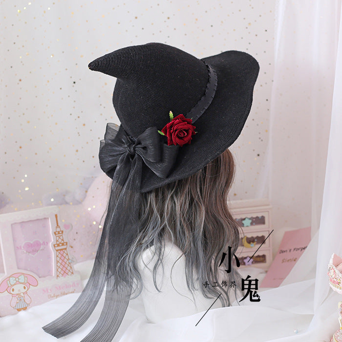 Halloween Lolita Rose Flower Big Bow Halloween Witch Hat Witch Hat Witch Hat Head Accessories - Lolita Fetch