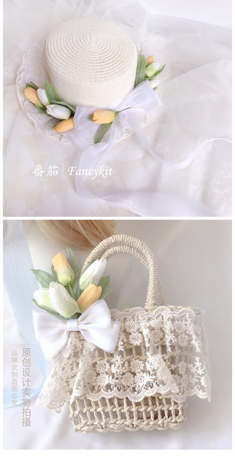 Handmade Yellow Tulip Straw Bag Lolita French Style Straw Hat Sun Hat Fairy Classical Woven Basket