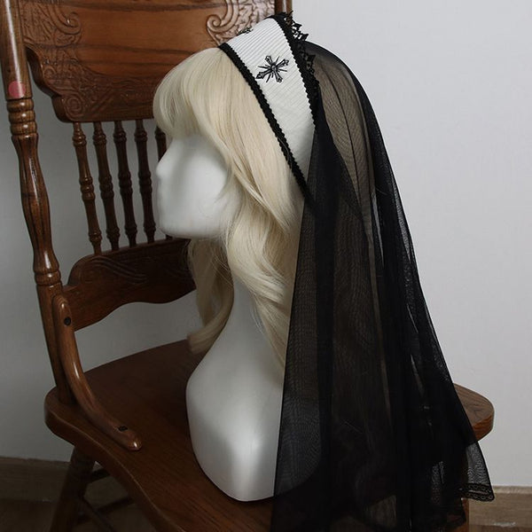 Handmade Original New Lolita Dark Night Saint Church Cross Embroidery Shiny Rhinestone Shawl Veil - Lolita Fetch
