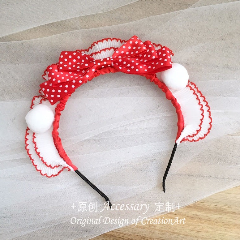 Subculture Cute Girl Lolita Red Polka Dot Small Snowball Bow Handmade New Year Christmas Headband