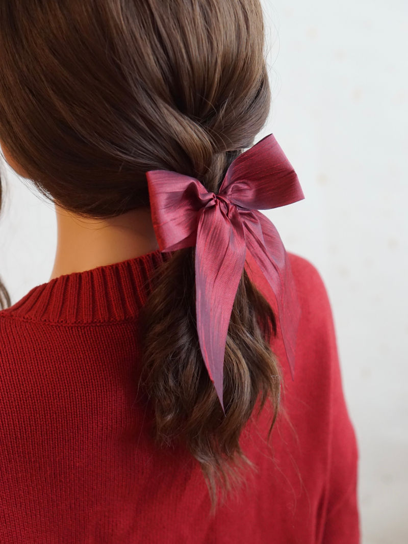 Wine red handmade bow hairband with ruched detailing, perfect for Lolita fashion by LolitaFetch.