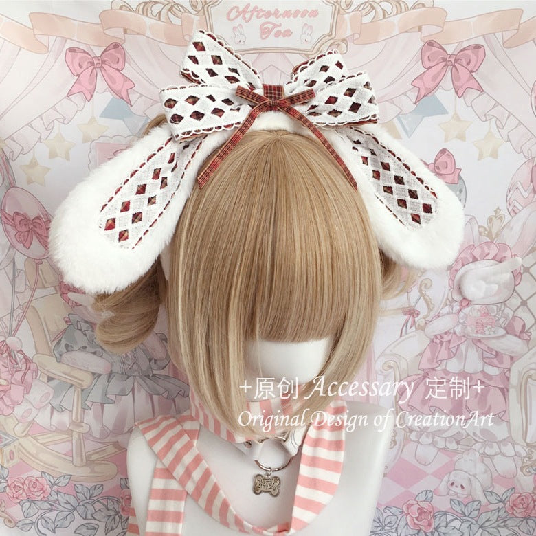 LolitaFetch sweet cute lop ear rabbit bow headband worn as a hair accessory on a girl, featuring a kawaii style and playful design.
