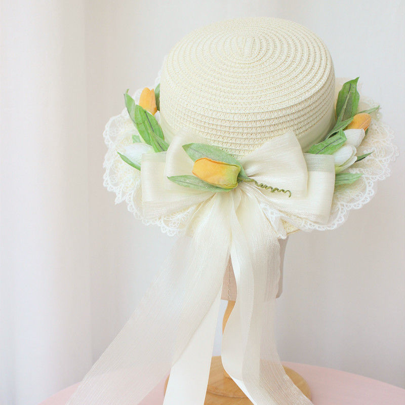 Original Handmade Pink Tulip Lolita Small Sun Hat Straw Hat Oil Painting Style Travel Photography Woven Bag Basket - Lolita Fetch