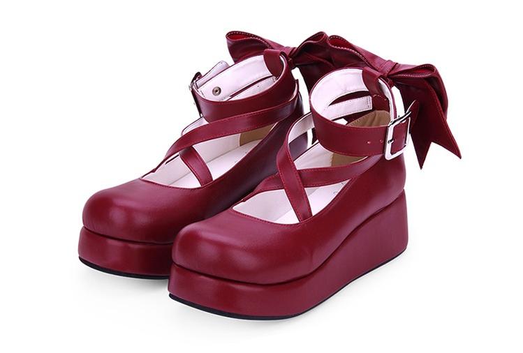 Angelic imprint - Daily Lolita Leather Shoes Platform - Medium Heel Big Bow Shoe Shoes