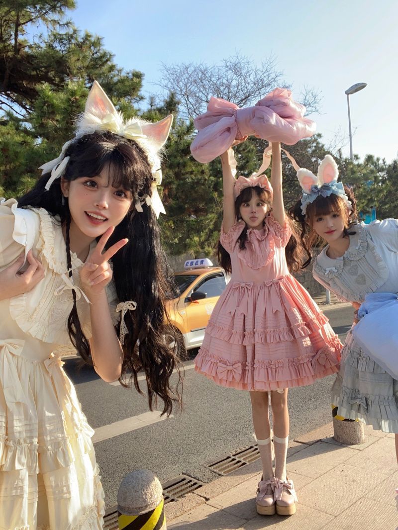 Original Handmade Light Blue Rabbit Ear Headband with Ruffled Edge Lolita Animal Ear Alice