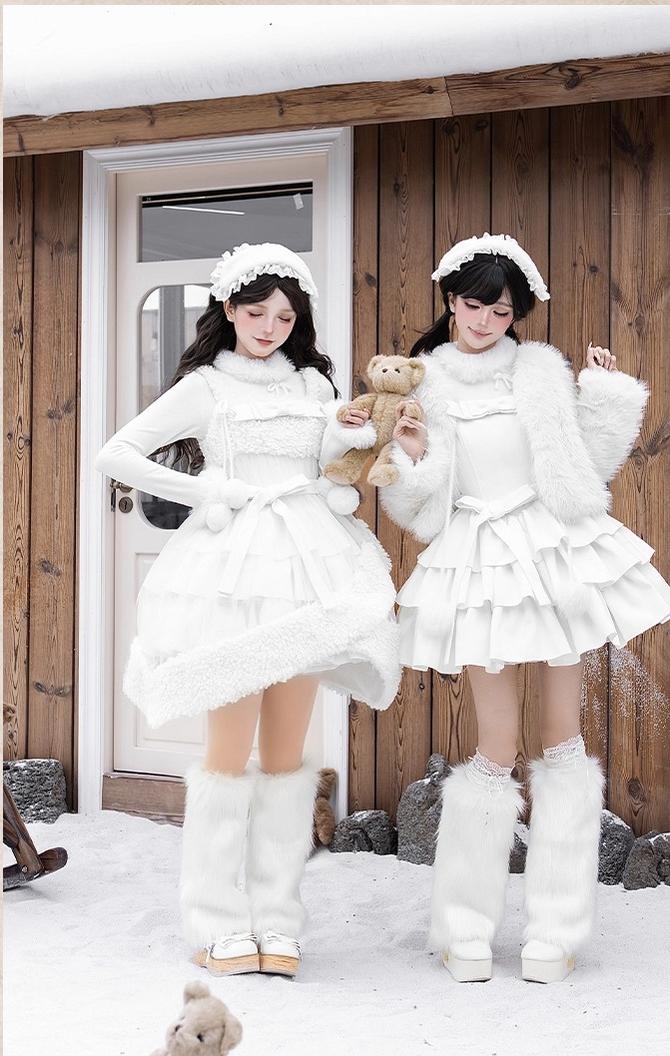 With PUJI - White Choco - Winter Kawaii Lolita JSK Dress Set, Fluffy Accents