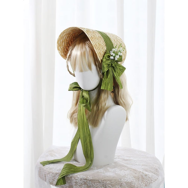 French Country Lolita Handmade Lily of the Valley Forest Style Bowknot Bnt Flat Hat Straw Hat Photo Shoot Catwalk Cla - Lolita Fetch