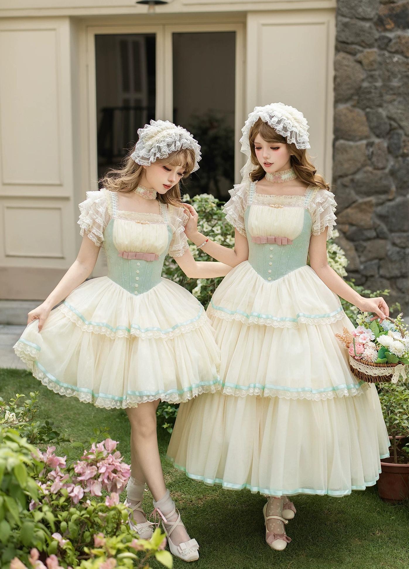 With PUJI - Sea Salt Soda - Classic Lolita Adjustable Corset JSK Dress, Tiered Tulle Hem