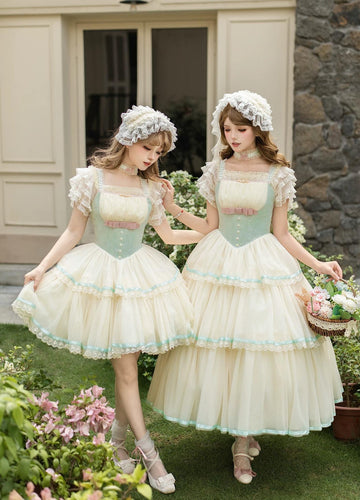 With PUJI - Sea Salt Soda - Classic Lolita Adjustable Corset JSK Dress, Tiered Tulle Hem