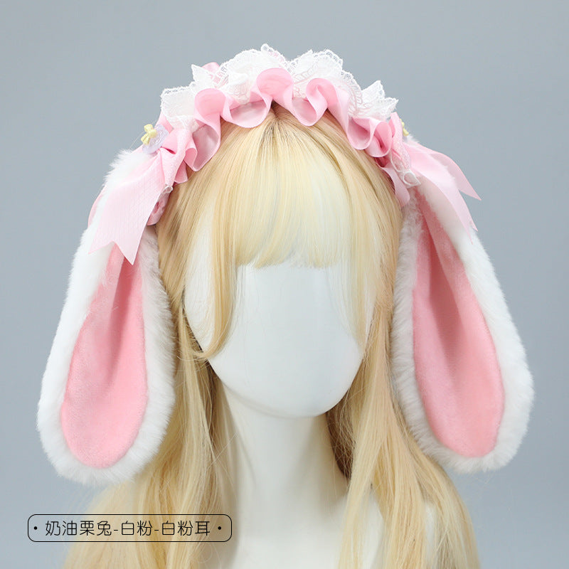 Cute Plush Lace Ribbon Lolita Headband Comic Con Cosplay Prop Realistic Rabbit Ear Hair Accessory Headband - Lolita Fetch