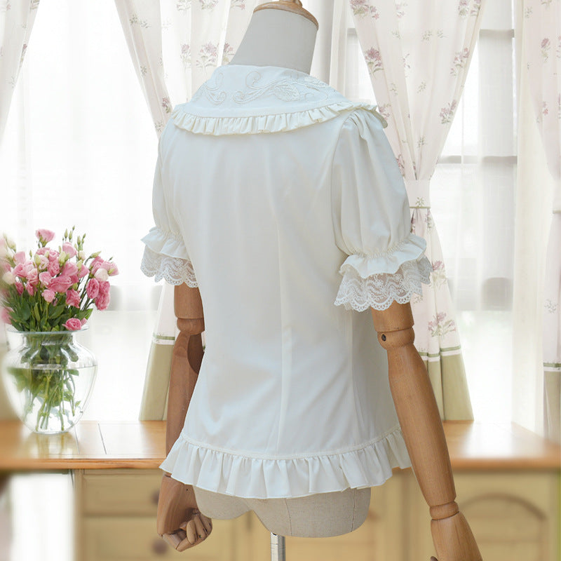 Sweet Elegant White Short - Sleeve Shirt - Embroidered Doll Collar + Lace Puff Sleeves