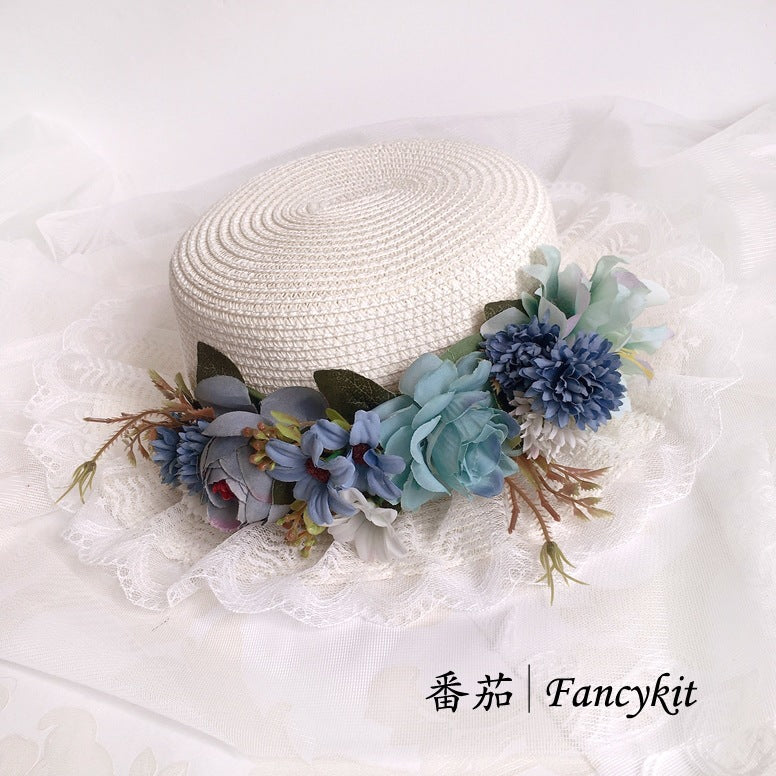 Handmade Lolita Retro Artificial Flower Straw Hat Bonnet French Pastoral Hat Photo Hat Sun Hat