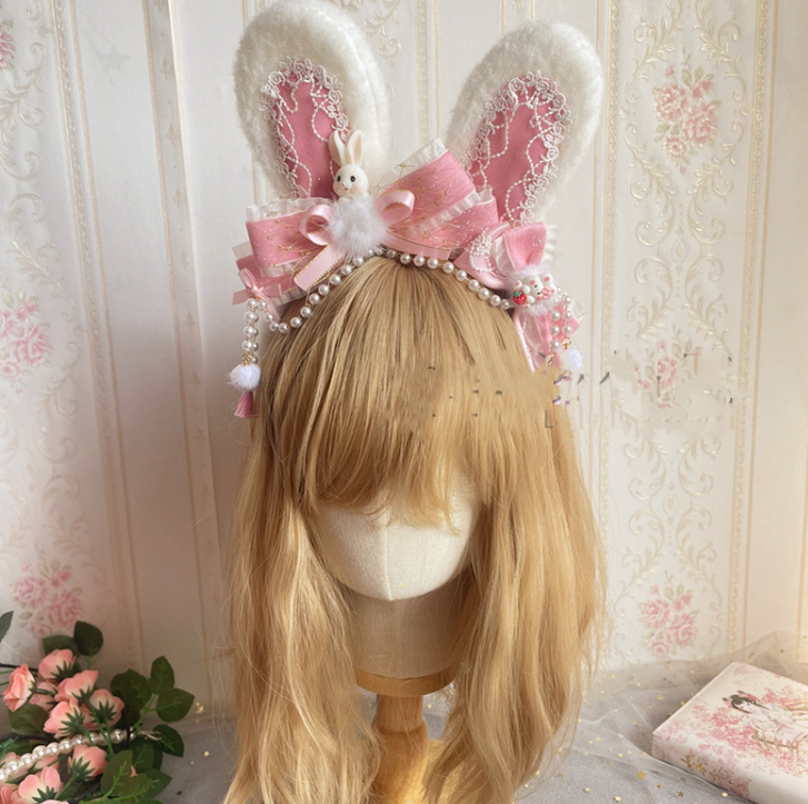 Luoluo Decoration - Han Lolita Rabbit Ears - Light Pink Head Accessory with Bow and Beaded Chain - product detail 4