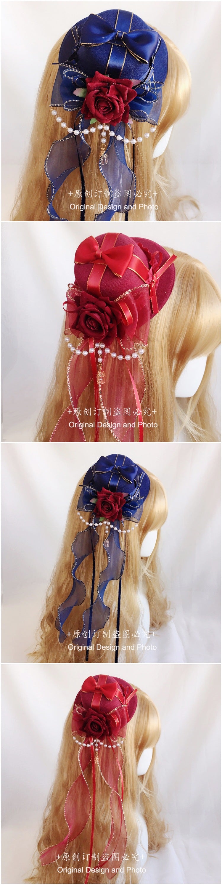 Lolita Hat Small Item Handmade Gothic Versatile Lolita Cyan Burgundy Flower Pill Crown Headwear