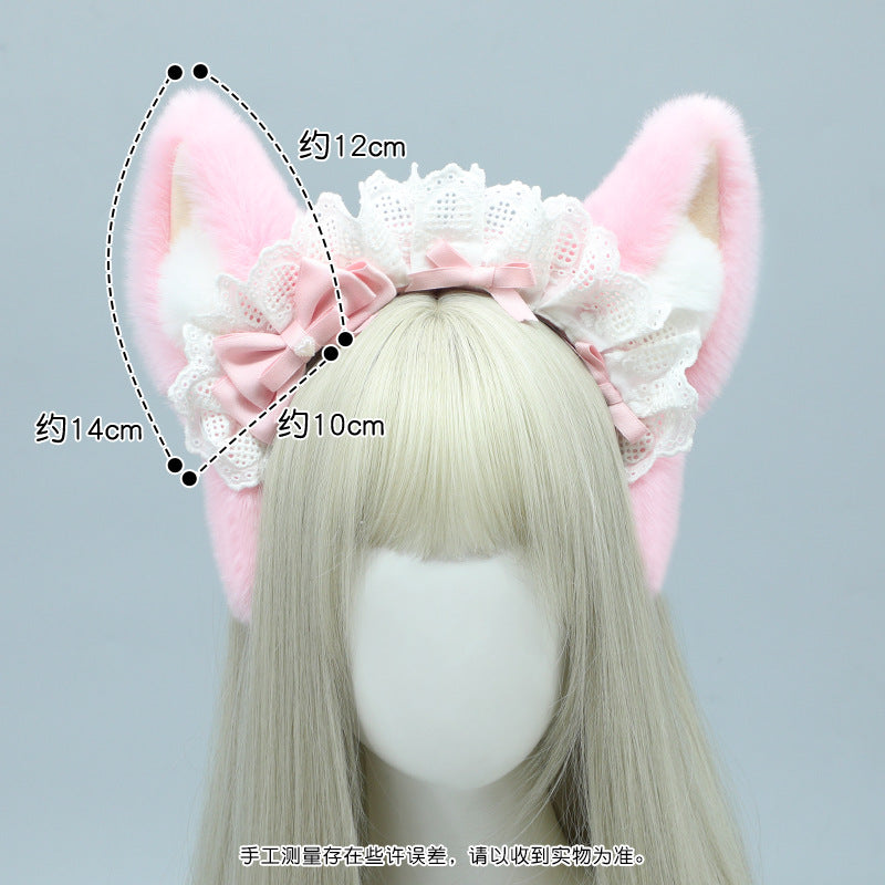 Plush Lolita Headband Lace Bow Hair Accessory Realistic Animal Ears Maid Corgi Hair Ornament Japanese KC Headband