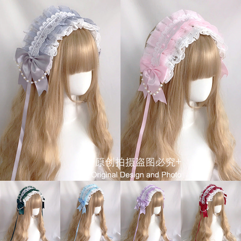 Snow white LolitaFetch lace headband with a sweet KC bow, perfect for soft girl or princess-style Lolita fashion.