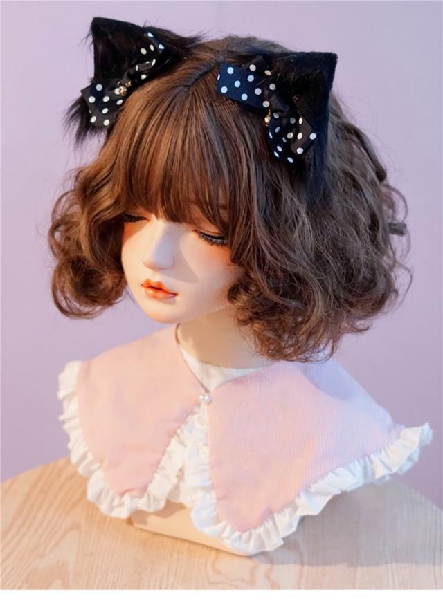 Black and pink handmade faux fur plush cat ear hair clip with animal ears and bow, LolitaFetch headdress accessory.