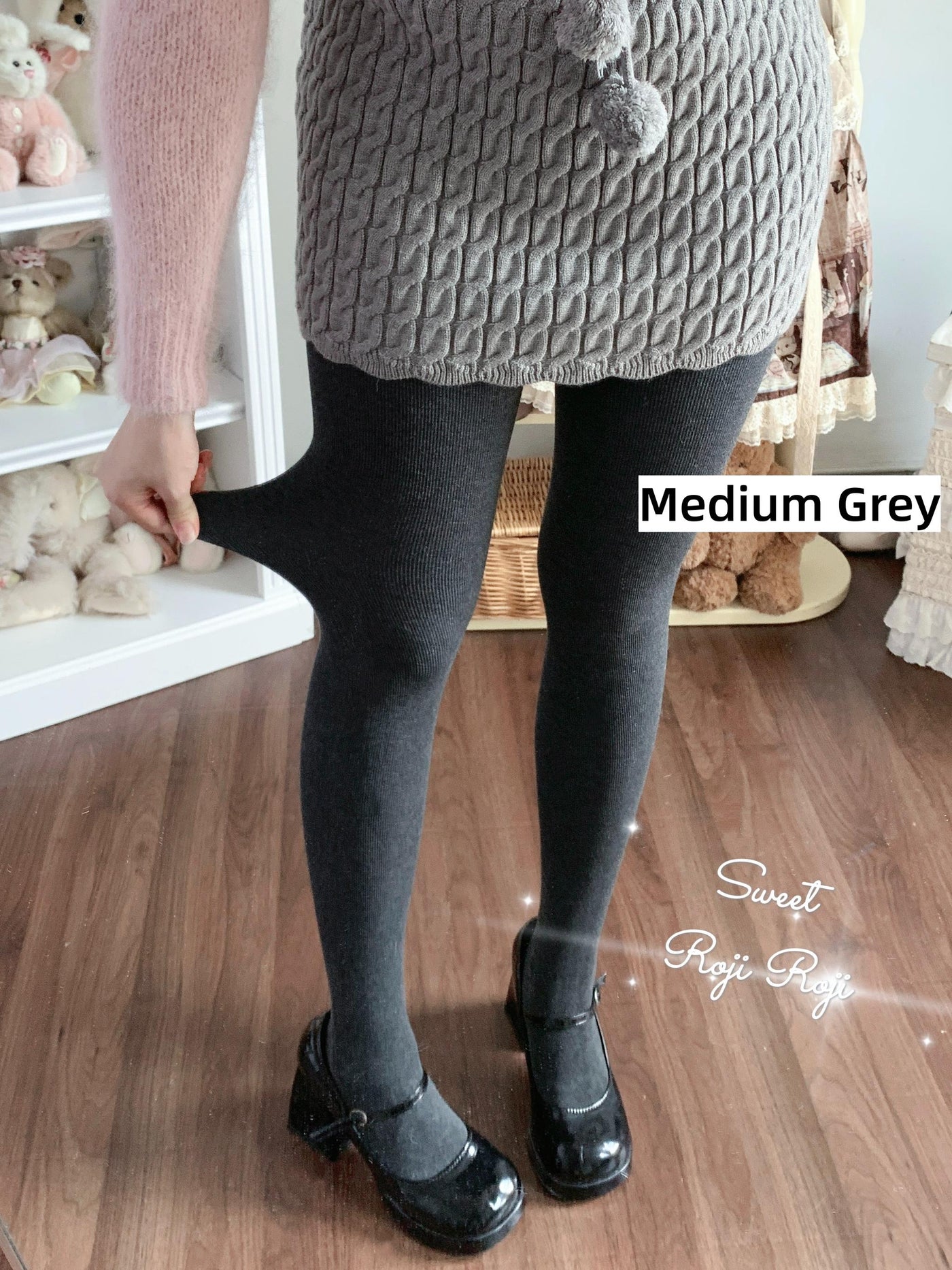 Kawaii Lolita Fleece-Lined Tights, Multiple Colors Medium Gray One Size