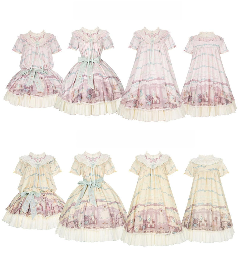 With PUJI - Brown Dollhouse SP - Kawaii Lolita Dollhouse Printed OP Dress with Embroidery