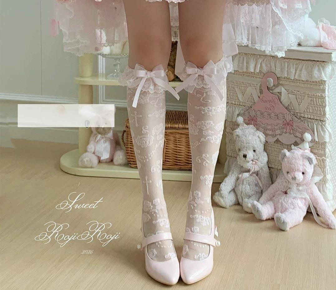 Roji Roji - Summer Sweet Lolita Rose Jacquard - Bow Socks Socks