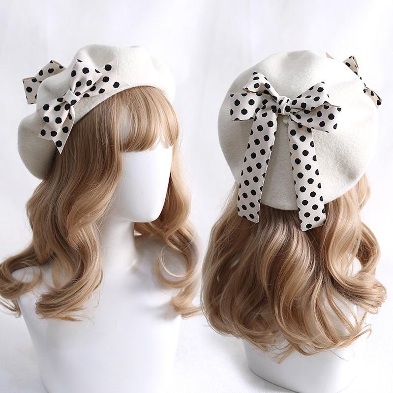 Xiaogui - Sweet Lolita Red Polka Dots Bow Beret Hat M（56-58cm） white