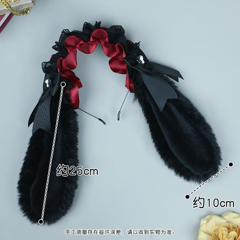 Cute Plush Lace Ribbon Lolita Headband Comic Con Cosplay Prop Realistic Rabbit Ear Hair Accessory Headband - Lolita Fetch