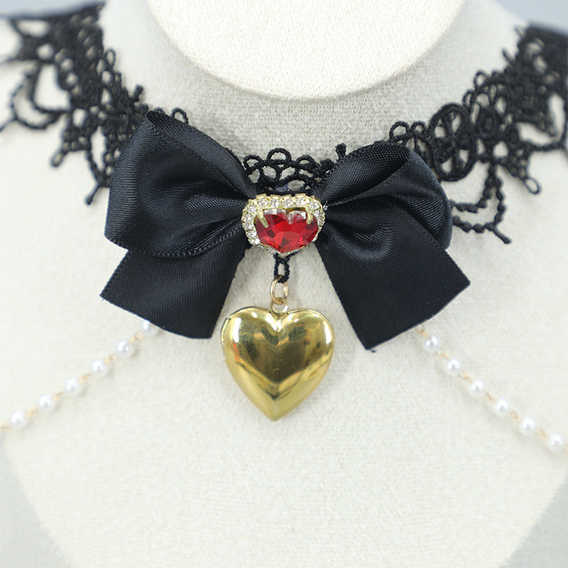 Cute Girl Costume Lace Choker Metal Heart Collarbone Chain Small Accessories Necklace Lolita Neckband - Lolita Fetch