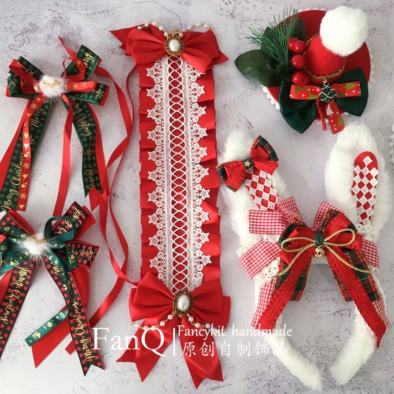 FanQ Handmade Christmas Bowknot Bunny Ear Headband KC - Small Snowball & Small Hat Lolita Hair Clip Accessory