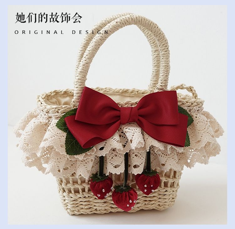 Lolita Bag for Women 2022 New Strawberry Flower on the Hill Handmade Small Item Lolita Spring Outing Straw Bag - Lolita Fetch