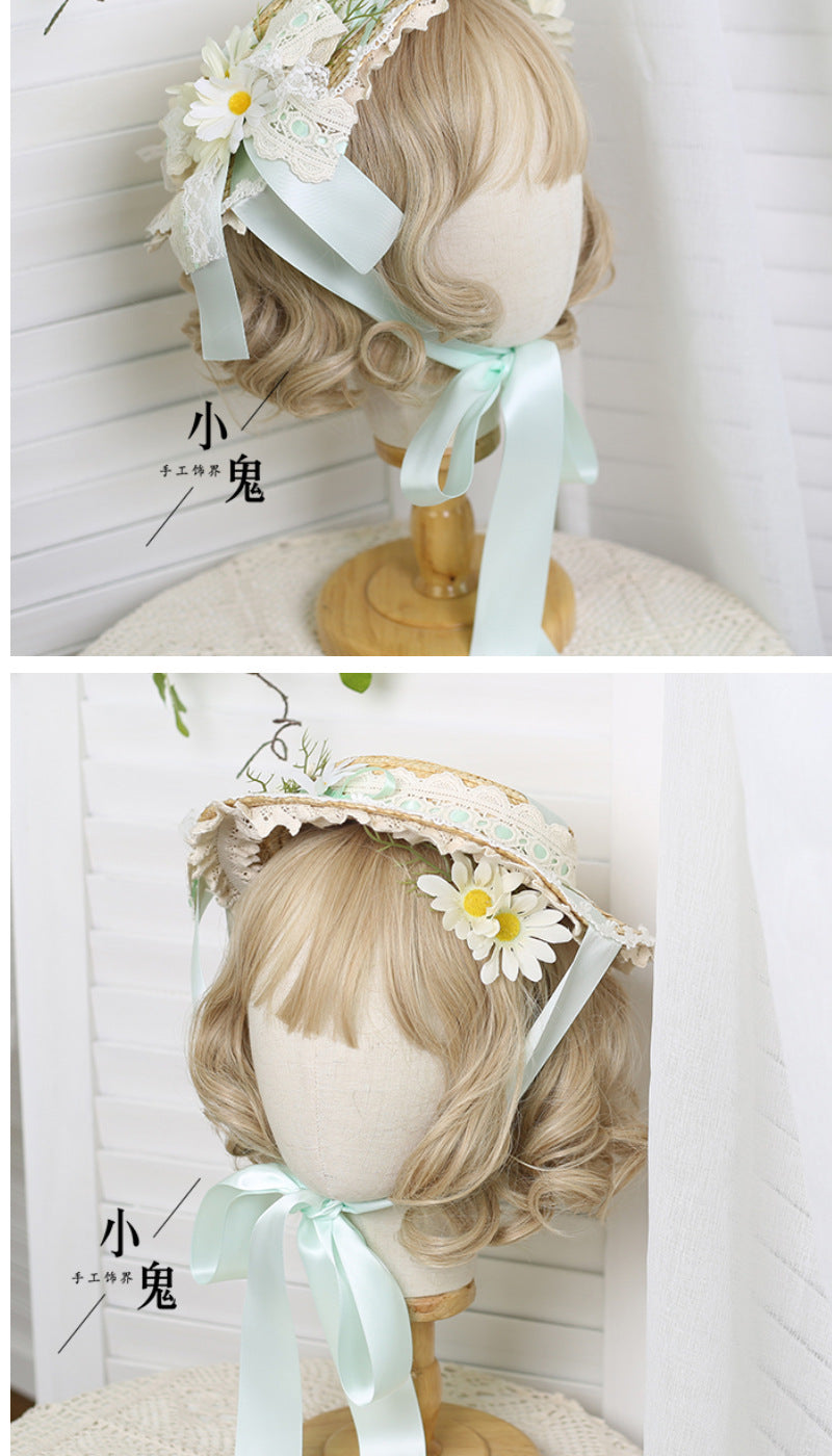 Original Lolita Straw Hat Flower Elegant Flat Hat Top Hat Bridal Tea Party Gorgeous Hat Han Western Eclectic Reminiscence