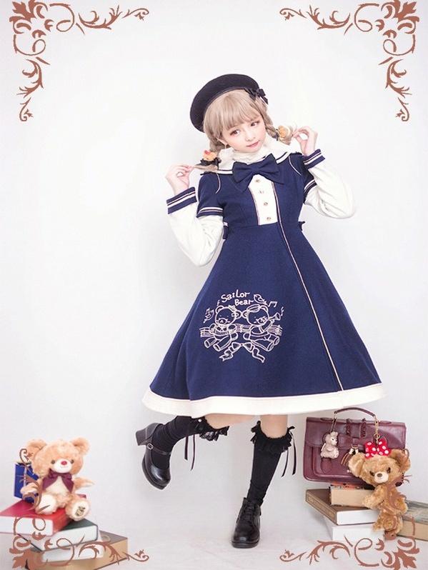 Strawberry Witch - Winter Kawaii Lolita Sailor Collar - Overcoat, Bear Embroidery Outerwear