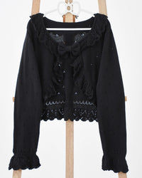 MIST - Nainai - Vintage Lolita knitted cardigan with ruffled trim and bow pin - Milky White / S