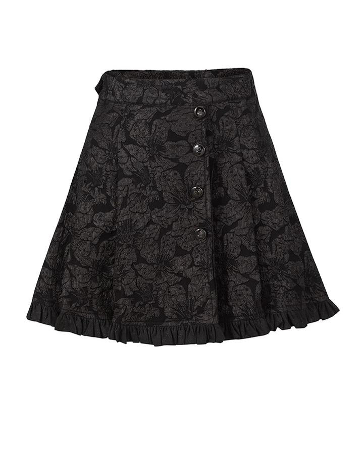 Black Lolita skirt with floral relief, front buttons, and a ruffled hem.