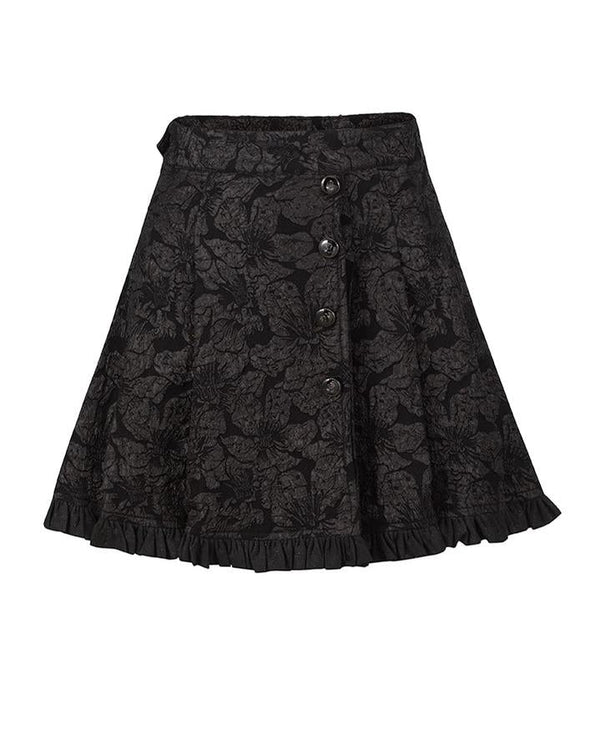 Black Lolita skirt with floral relief, front buttons, and a ruffled hem.