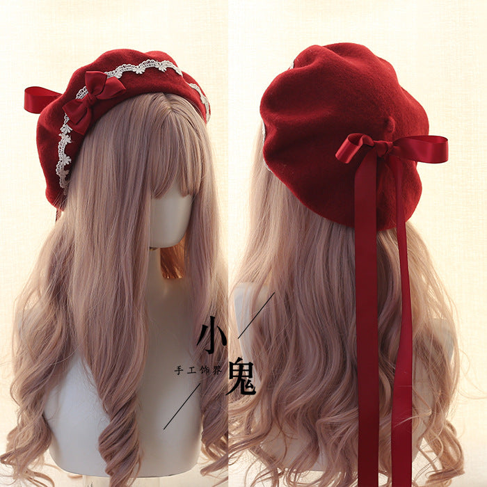 Beret Lolita Sweet Woolen Handmade Lace Bow Beret for Girls - Lolita Fetch