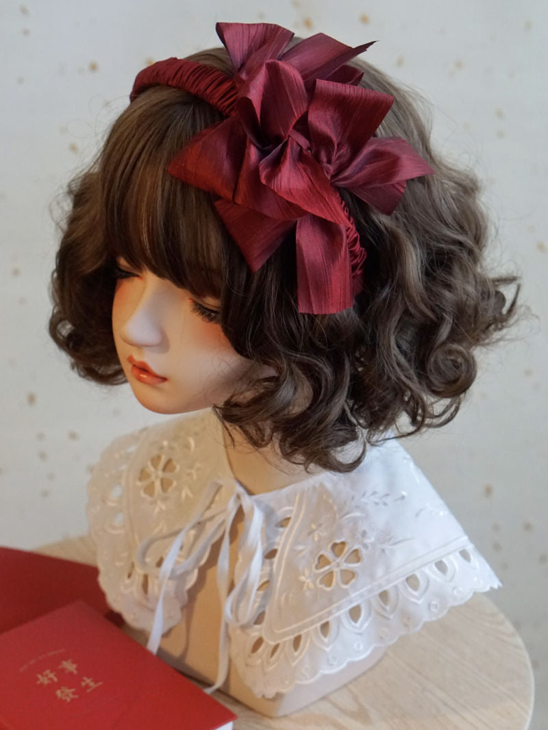 Handmade wine red Lolita fashion bow headband with ruched design, perfect for stylish accessories and special occasions.