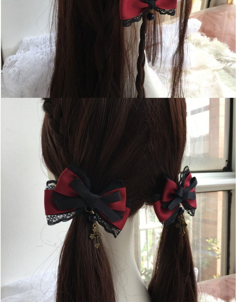 Castle Night Original Dark Wine Red Lolita Small Bow Hair Clip, a stylish headdress with a charming bow detail.