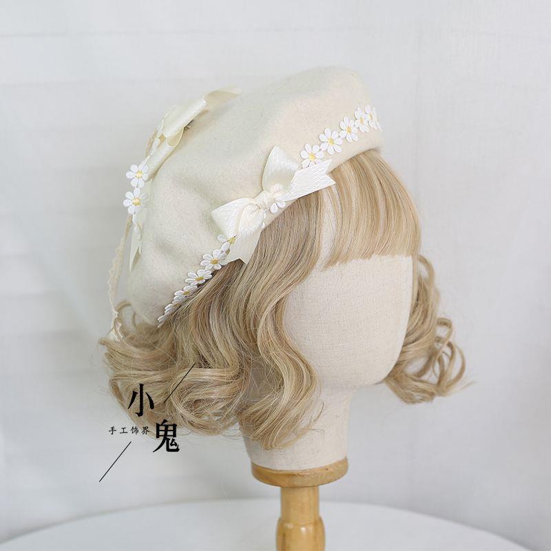 Handmade Original Mori Style Bowknot Beret Hat with Daisy Lace Soft Cute Lolita Handmade Beret Hat