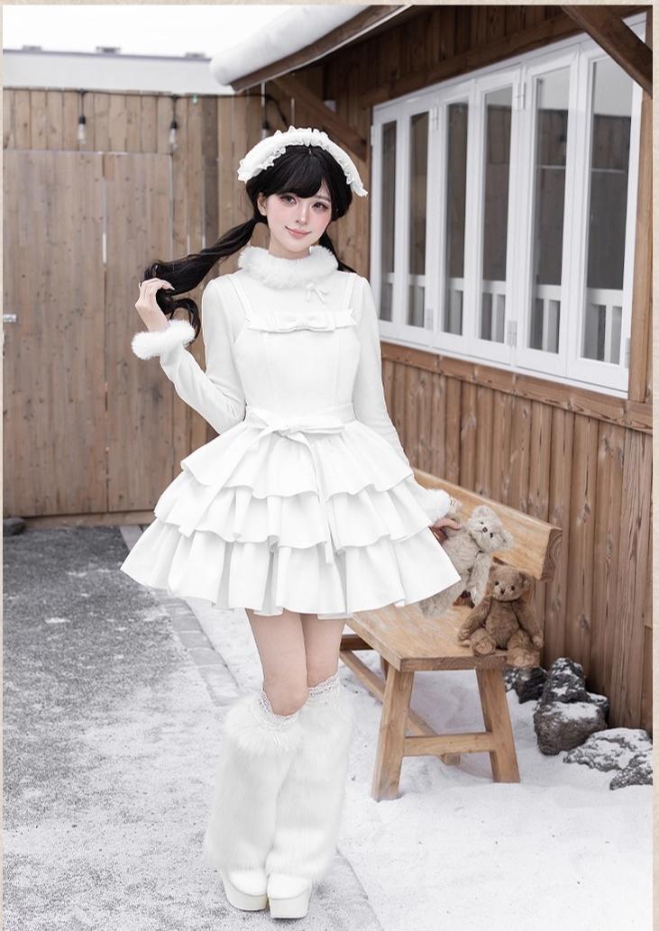With PUJI - White Choco - Winter Kawaii Lolita JSK Dress Set, Fluffy Accents