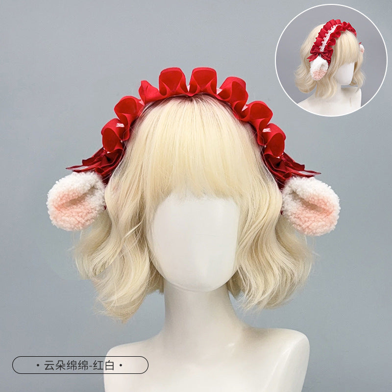 Japanese Harajuku Style Lolita Little Sheep Ear Headband Sweet Girl Soft Cute Imitation Lamb Wool Bow Hair Accessory