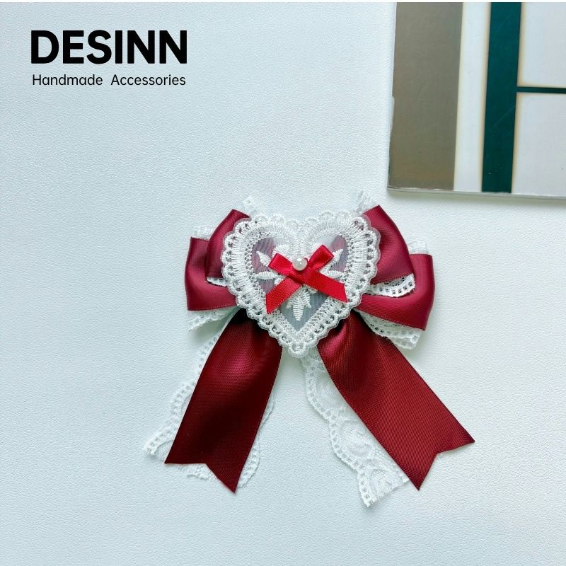 Handmade - Cherry Heart Bow - Lace Brooch - detail view 3