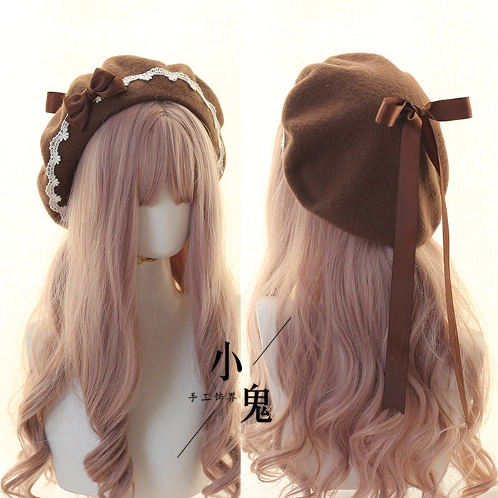 Beret Lolita Sweet Woolen Handmade Lace Bow Beret for Girls - Lolita Fetch