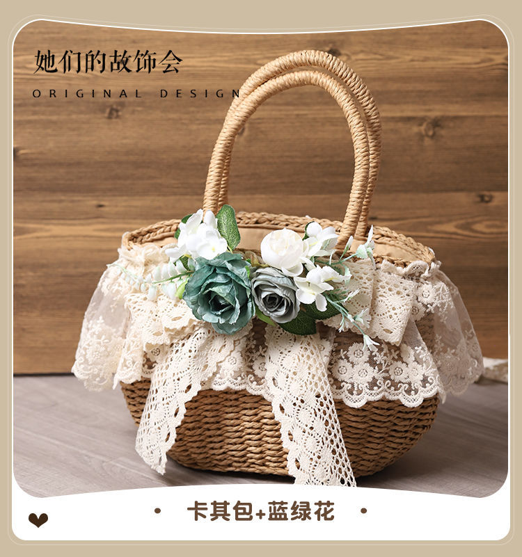 Handmade LolitaFetch straw tote bag with lace, artificial flower accents, perfect for beach or casual outings, 2022 soft girl style.
