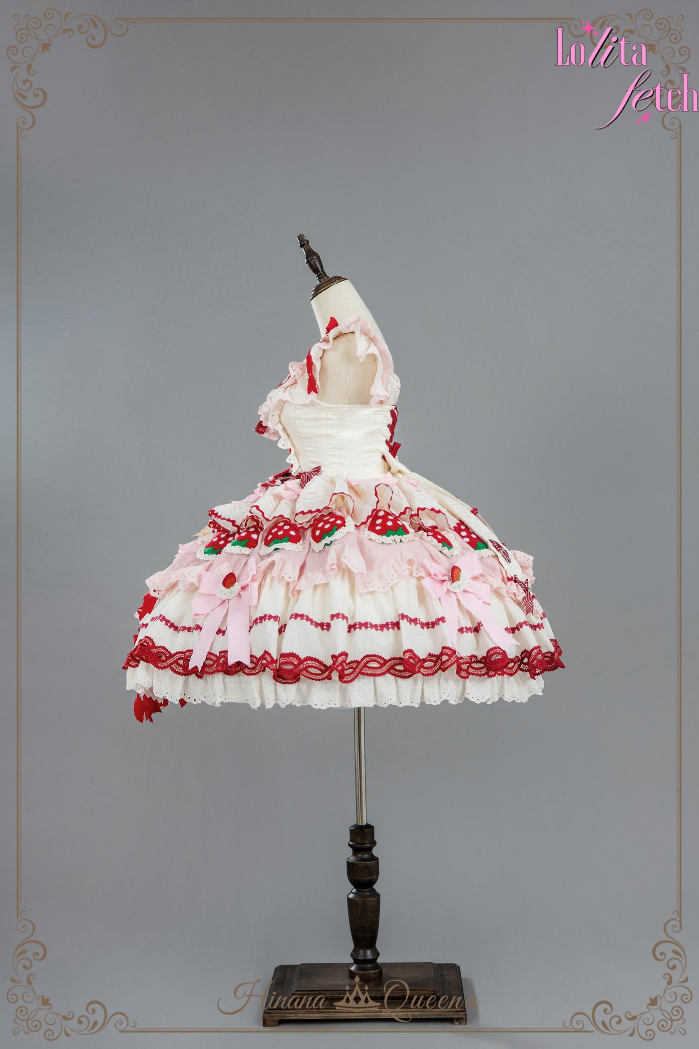 Gorgeous Strawberry Party Lolita Dress JSK OP by Lolita Fetch featuring a floral print, lace details, and a fitted waist for elegant style.