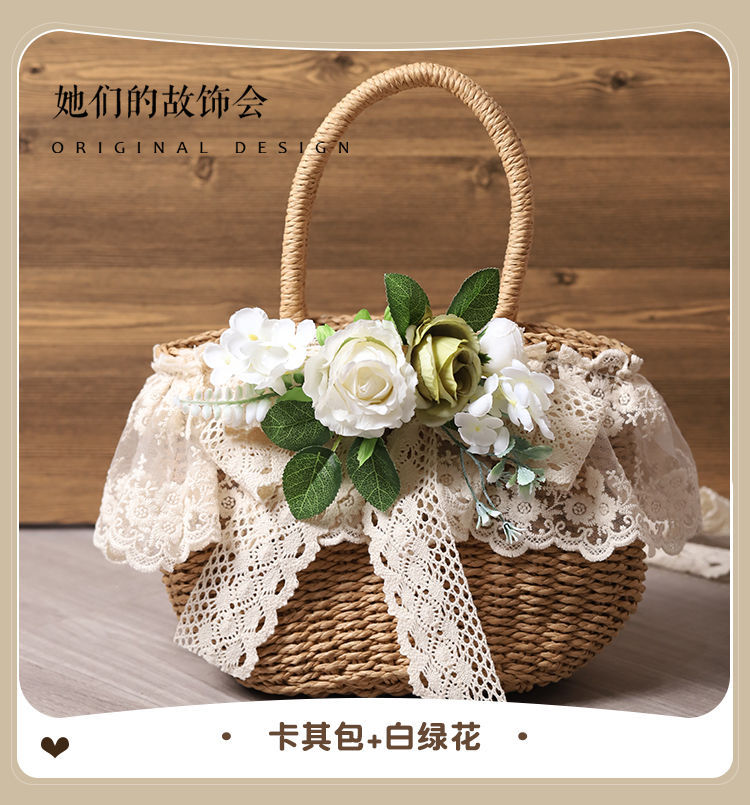 Handmade LolitaFetch straw tote bag with lace, artificial flower accents, perfect for beach or casual wear, soft and stylish.